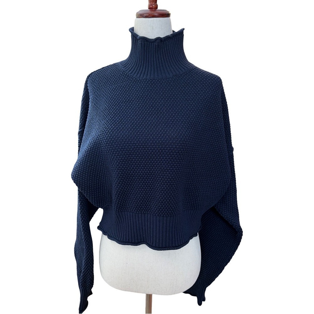 Free People Beach Navy Textured Turtleneck Sweater